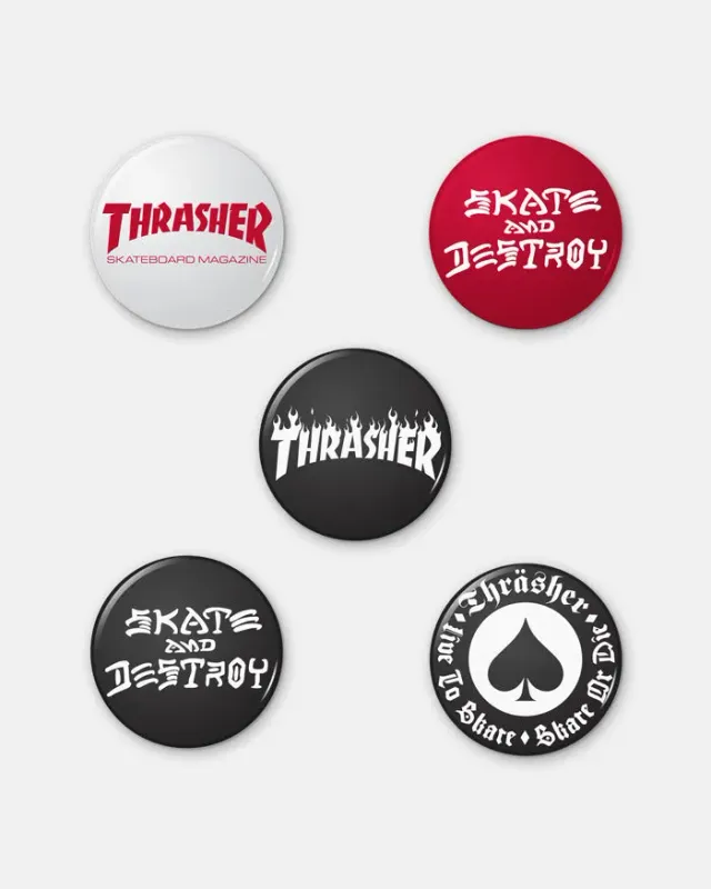 Thrasher logo pins 5-pakning 1 tomme plastbelagt
