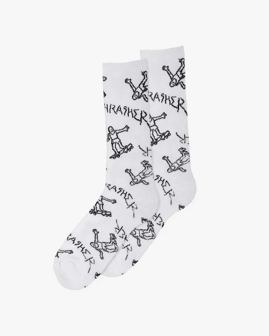 Thrasher Gonz crew sokker hvit/svart bomullsblanding