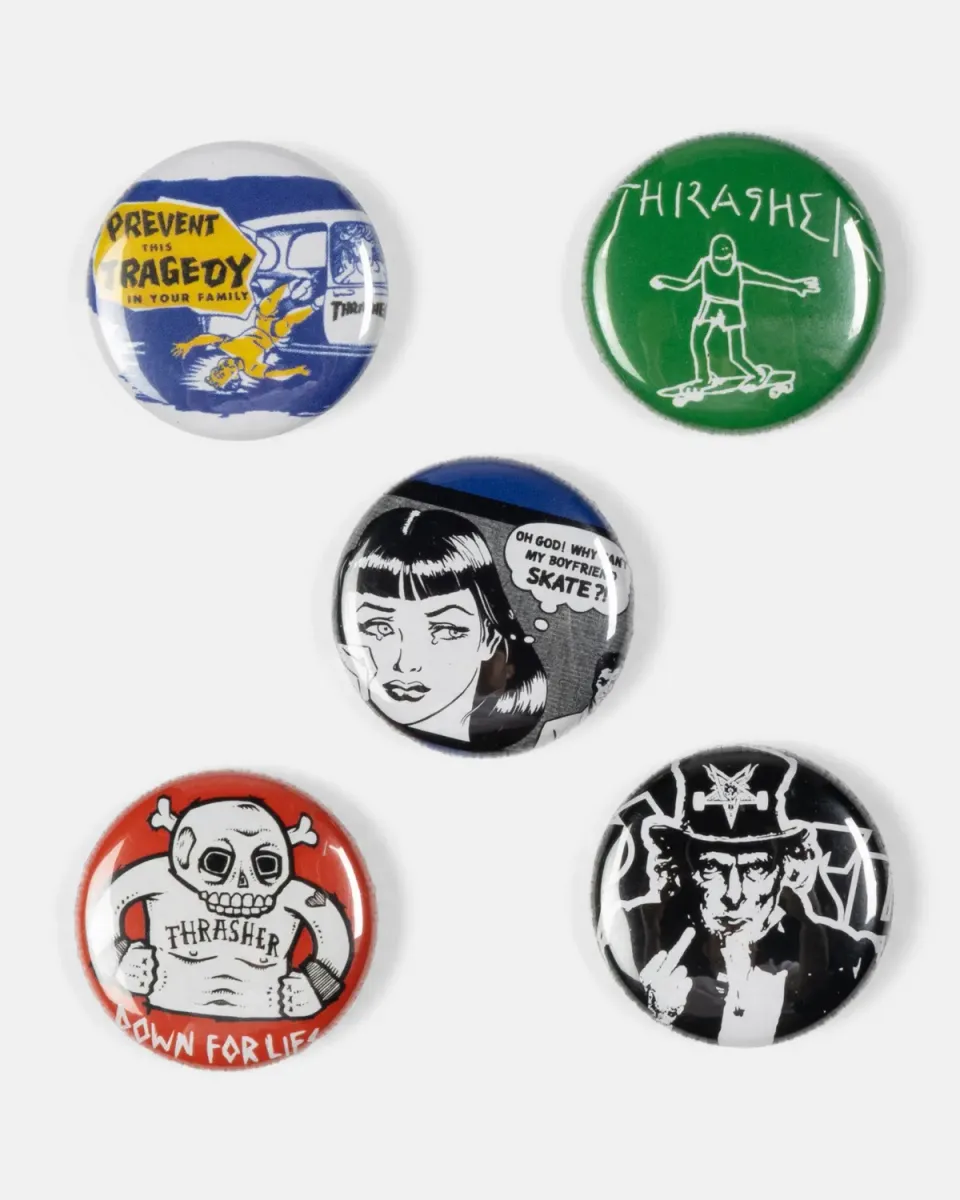 Thrasher Usual Suspects buttons 5-pak plastbelagt