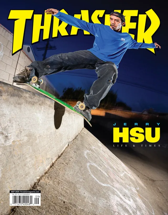 Thrasher Magazine september 2025 blad med Jerry Hsu