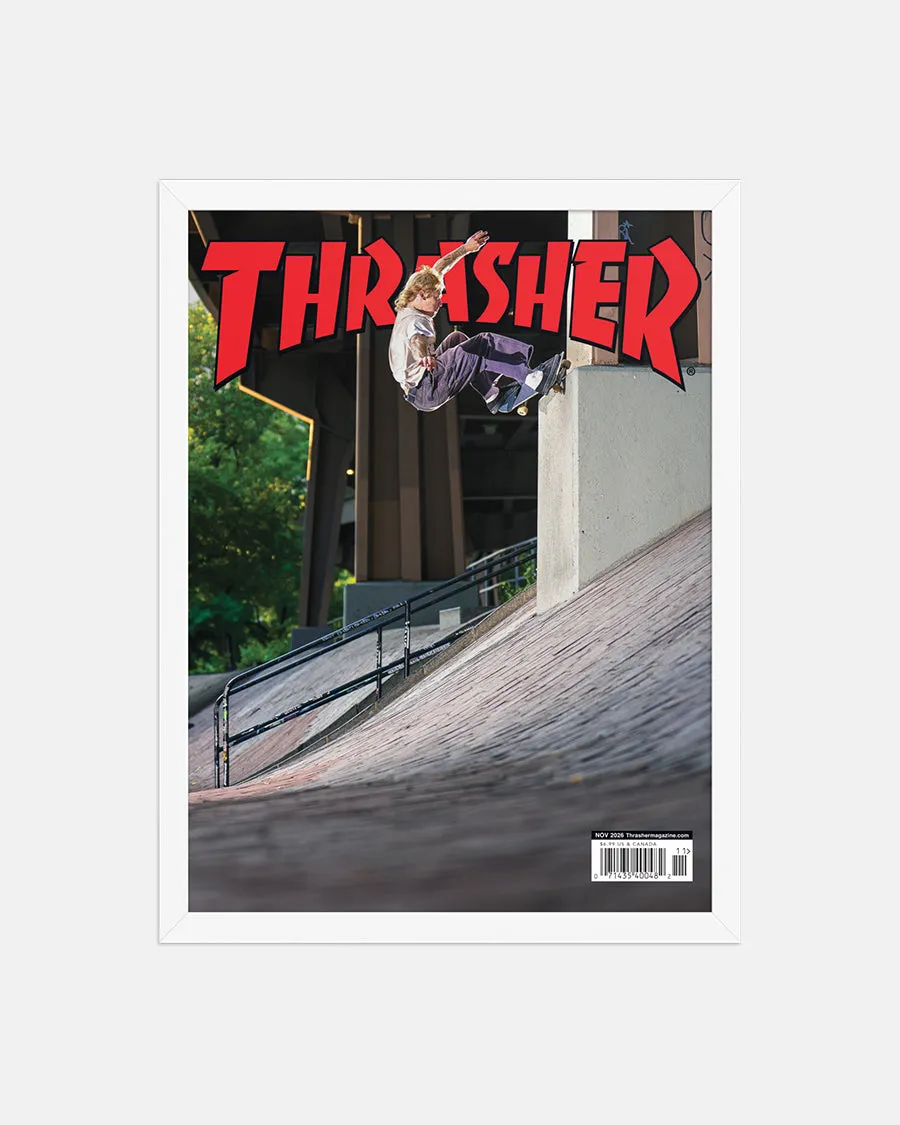 Thrasher november 2026 plakat innrammet tre