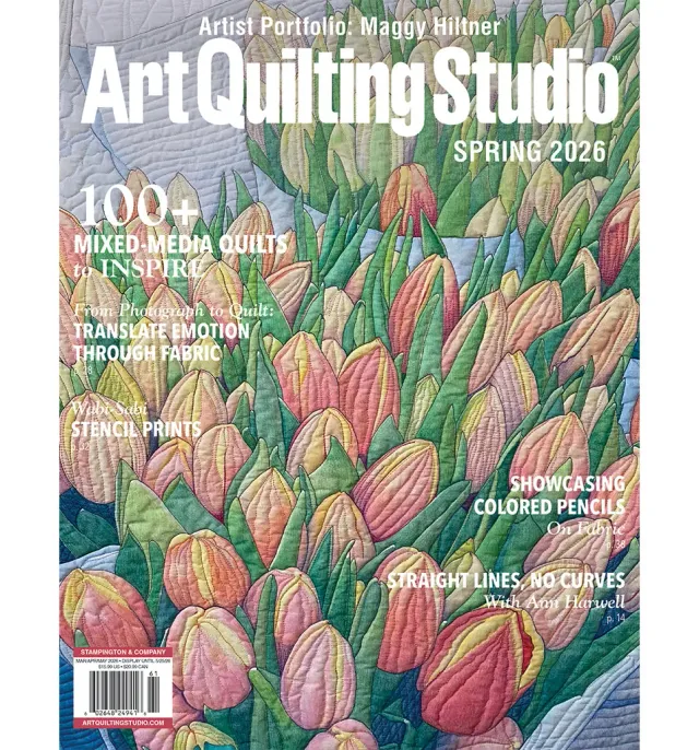 Stampington Art Quilting Studio Spring 2026 blad lappesøm