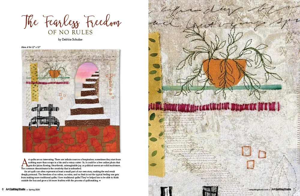 Stampington Art Quilting Studio Spring 2026 blad lappesøm